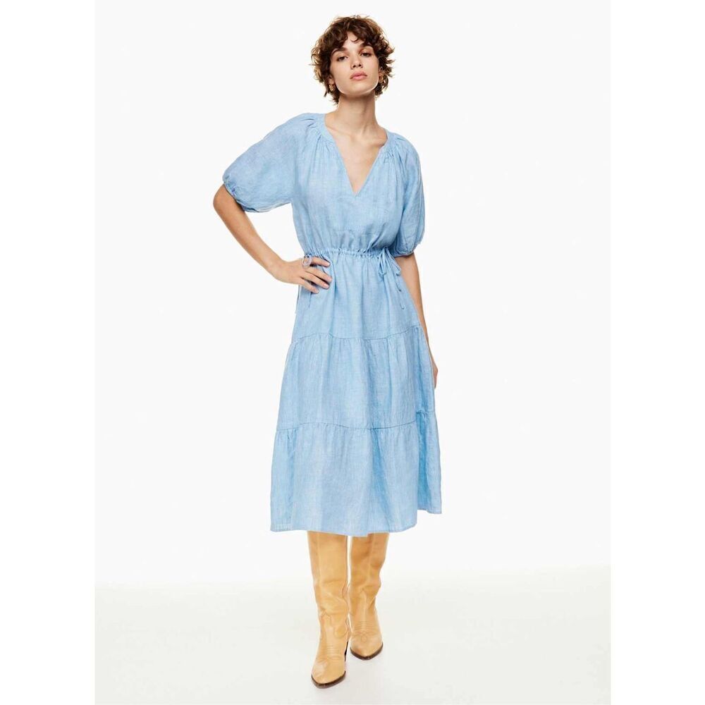 Aritzia Wilfred Decadence Linen Midi Dress Tiered size S Chambray Buoy Blue Shor